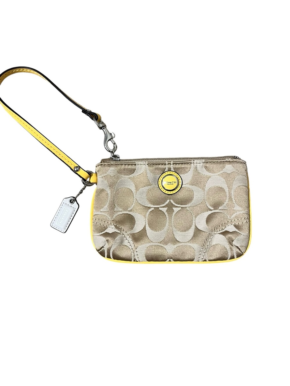 Coach Poppy Signature Canvas Wristlet in Beige with Yellow Trim